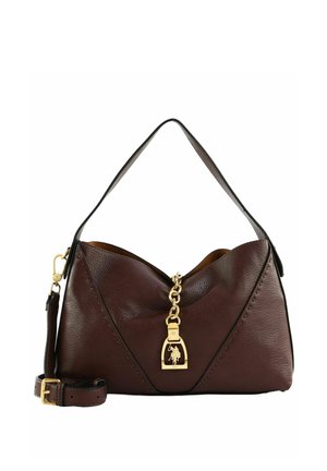 Dunkelbraune Lederhandtasche mit goldener Kette und Emblem, mit einem oberen Griff und einem verstellbaren Schulterriemen.