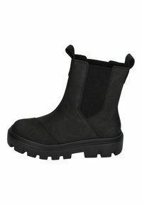 Zwarte enkellaarsjes van suede, met elastische zijpanelen, een platte zool en een textuur aan de oppervlakte voor grip. Rond design van de neus.