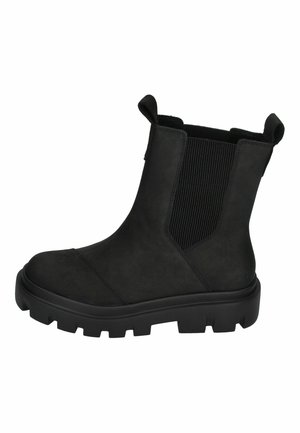 Black ankle boots made of suede, featuring elastic side panels, a flat sole, and a textured surface for grip. Rounded toe design.