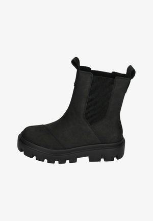 Zwarte enkellaarsjes van suede, met elastische zijpanelen, een platte zool en een textuur aan de oppervlakte voor grip. Rond design van de neus.