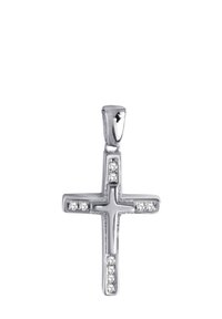 Pendentif en forme de croix en argent avec une finition lisse, orné de petites pierres claires sur les barres verticale et horizontale. Anneau texturé pour fixation.