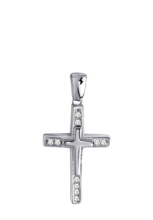 Silbernes Kreuzanhänger mit glatter Oberfläche, verziert mit kleinen klaren Steinen an den vertikalen und horizontalen Balken. Strukturierte Öse zur Befestigung.