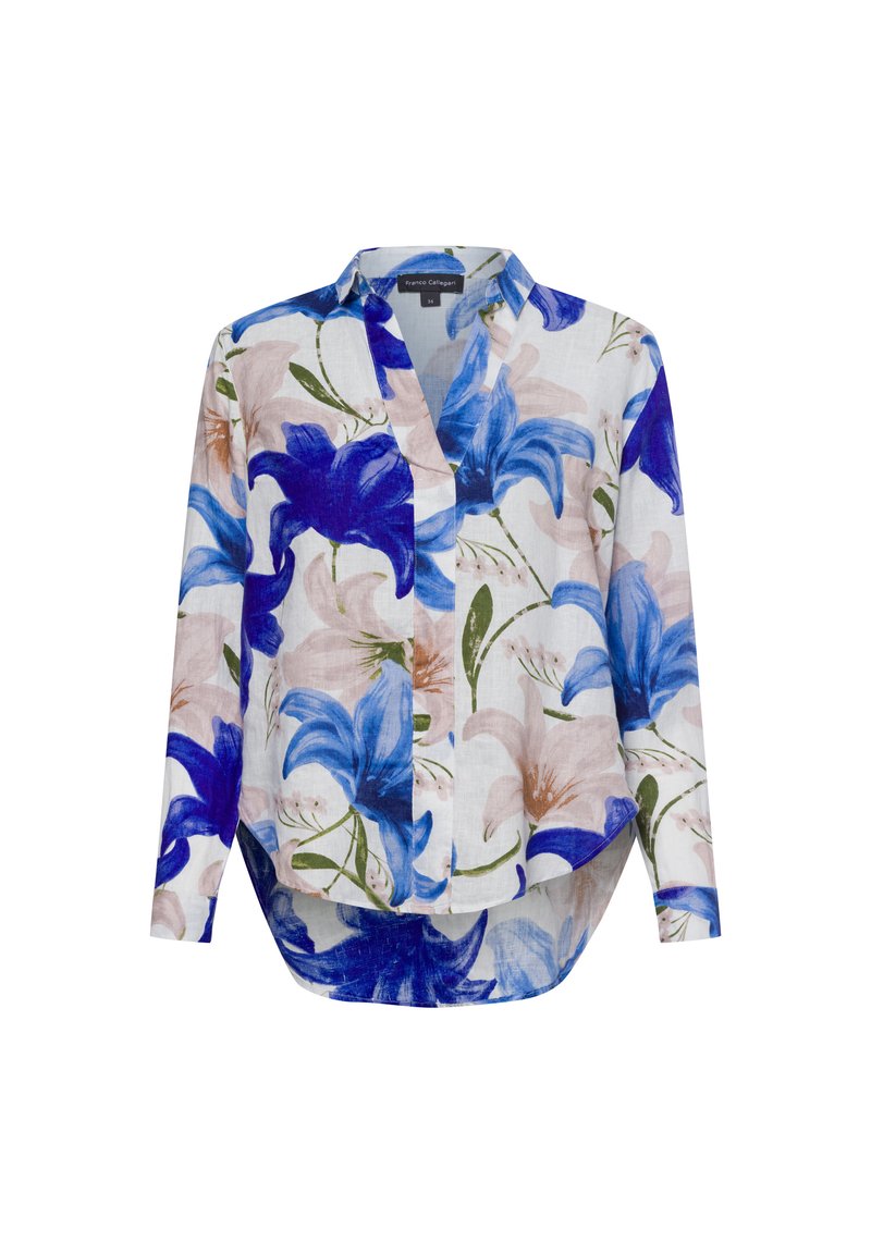 Weißes Hemd mit blauem und pinkem Blumenmuster, langen Ärmeln, Kragen und leicht abgerundetem Saum. Aus leichtem Stoff gefertigt.