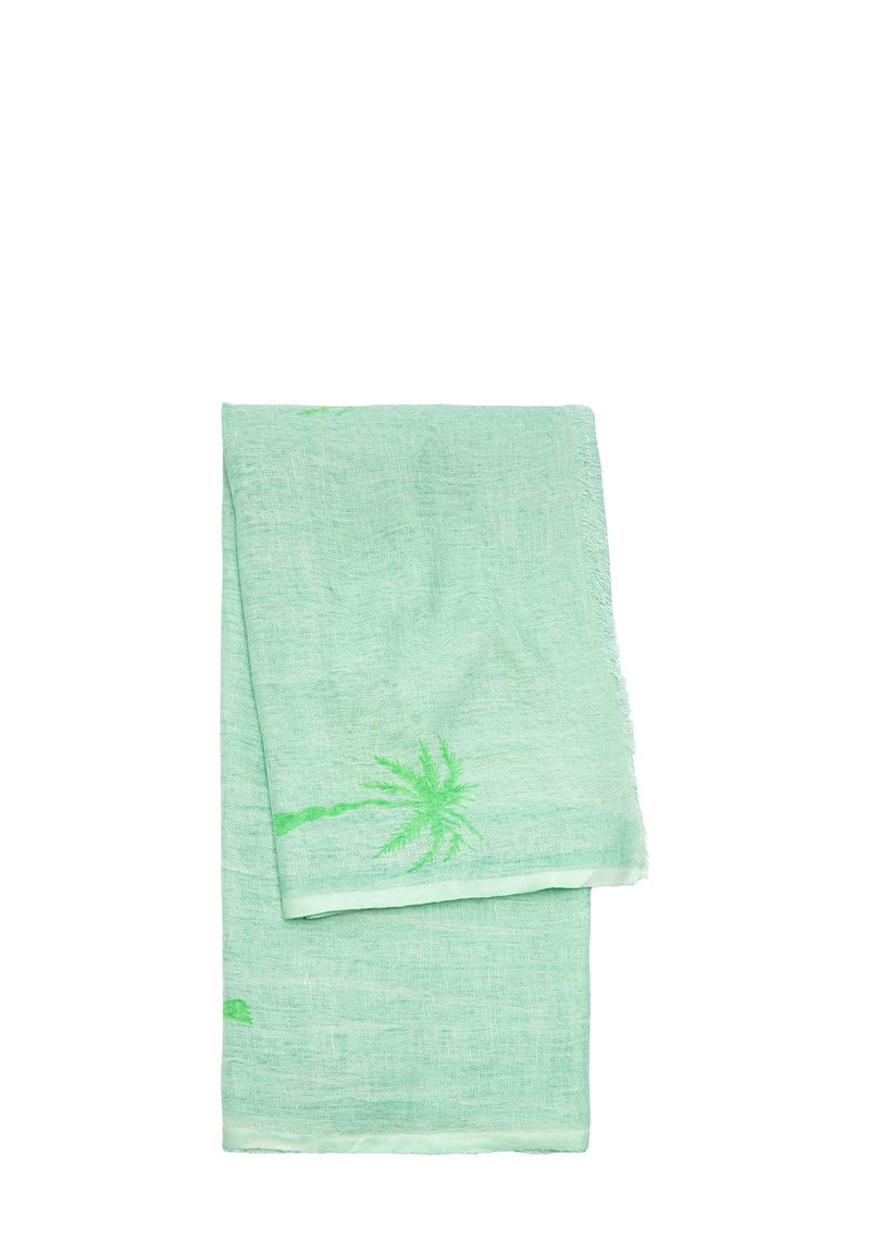 Jasnozielony lniany szalik z subtelnym wzorem palm, z postrzępionymi brzegami i miękką teksturą. Prostokątny kształt.