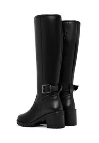 Black knee-high boots made of smooth synthetic leather, featuring a chunky heel, a buckle accent on the side, and treaded soles for grip.