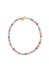 Kleurrijke kralenketting met ronde, multicolore kralen in pasteltinten, afgewisseld met kleine gouden accenten en een gouden sluiting.