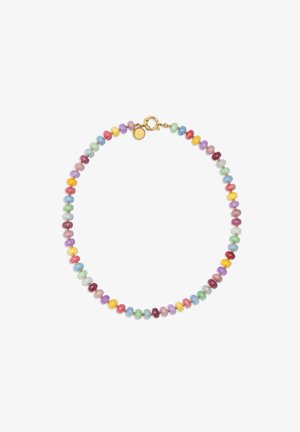 Färgglad pärlhalsband med runda flerfärgade pärlor i pastellnyanser, broderade med små gulddetaljer och ett guldspänne.
