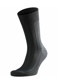 Calcetín de algodón negro acanalado con una textura suave, con rayas verticales, puntera reforzada y un puño elástico cómodo.