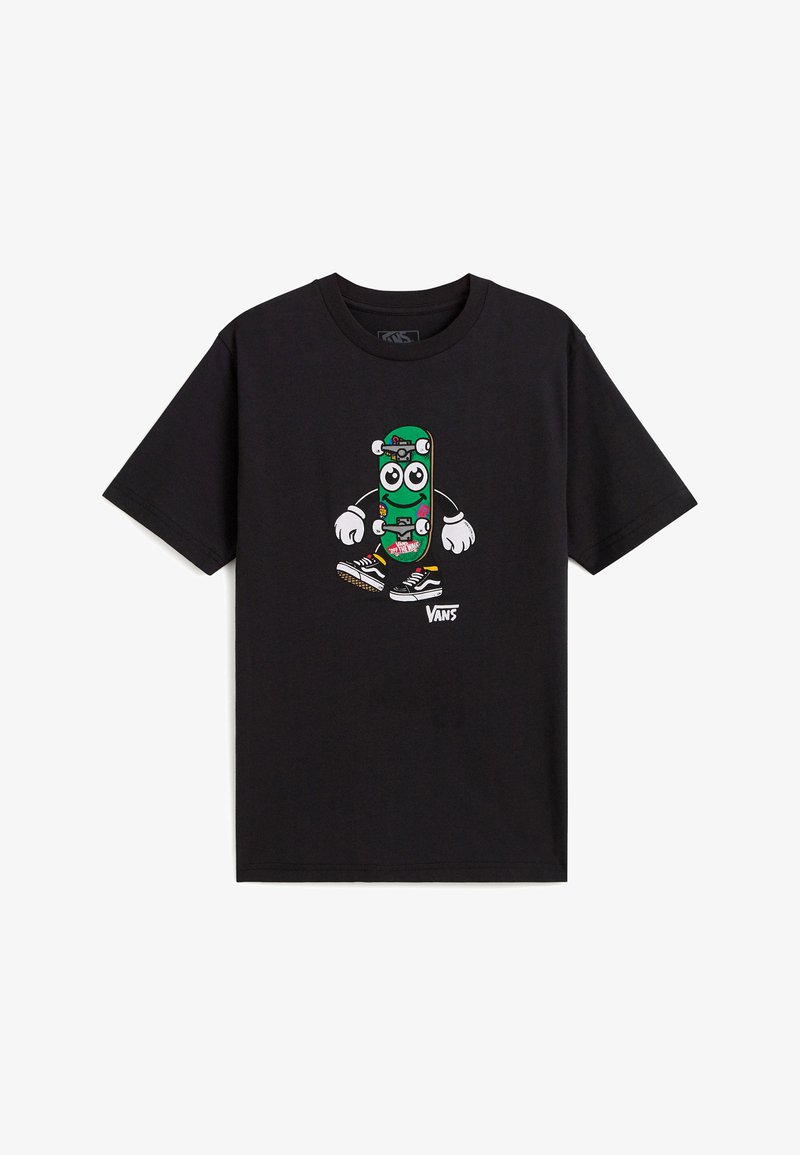 Schwarzes Baumwoll-T-Shirt mit einer bunten Cartoon-Figur, die einem Skateboard mit großen Augen ähnelt, Schuhe trägt und das Vans-Logo zeigt.