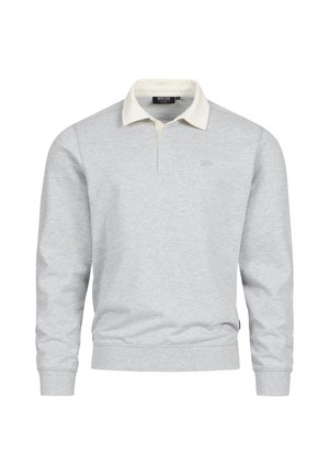 Sudadera gris claro con un cuello polo color crema, de manga larga, con puños y dobladillo acanalados, y un logo sutil en el pecho.