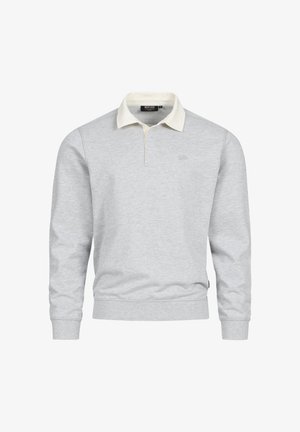 Lys grå hettegenser med en krage i kremfarge, lange ermer, ribbestrikkede mansjetter og nederkant, samt en subtil logo på brystet.