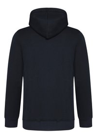Felpa blu navy, con un grande cappuccio, maniche lunghe, polsini a coste e un design semplice senza motivi o loghi visibili.