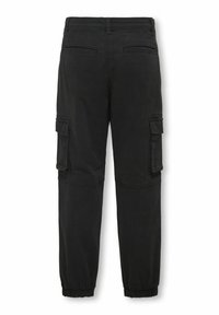 Pantalons cargo noirs en tissu doux avec des poignets élastiques, featuring deux poches latérales et deux poches arrière. Texture lisse, coupe ajustée.