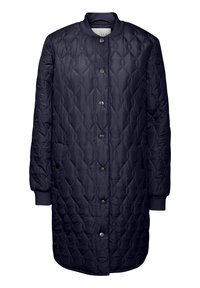 Lungo cappotto trapuntato blu navy scuro con chiusura a bottoni, polsini e collo a costine, con motivo a cuciture a forma di diamante.