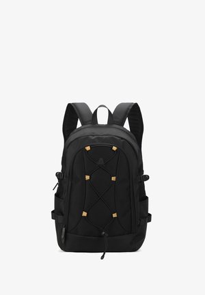 Sac à dos noir avec bretelles rembourrées, cordon élastique à l'avant, poches latérales et compartiments zippés, conçu pour un usage quotidien ou les voyages.