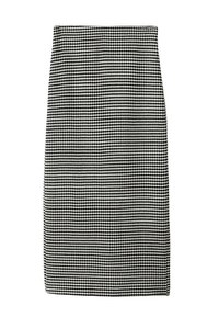 Jupe crayon pied-de-poule noir et blanc avec une taille haute et un ourlet longueur genou sur fond blanc.