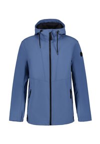 Chaqueta azul impermeable con capucha, cierre de cremallera, bolsillos laterales, cordón y detalles en negro, que presenta una textura suave y un diseño ergonómico.