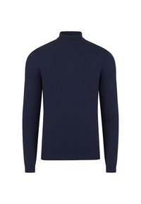 Granatowy sweter z golfem wykonany z teksturowanej dzianiny, z długimi rękawami i dopasowanym krojem. Bez widocznych wzorów czy akcentów.