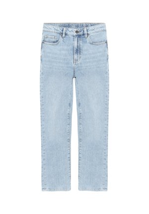 Lichtblauwe straight-leg spijkerbroek met vijf zakken, riemlussen, een knoop- en ritssluiting en zichtbaar "Indian Blue Jeans"-logo aan de binnenkant van de tailleband.