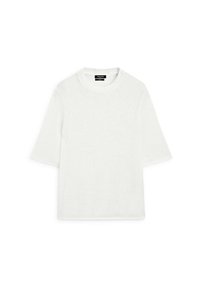 Witte gebreide trui, korte mouwen, ronde halslijn, met een gestructureerde stof en een ontspannen pasvorm. Eenvoudig en minimalistisch design.