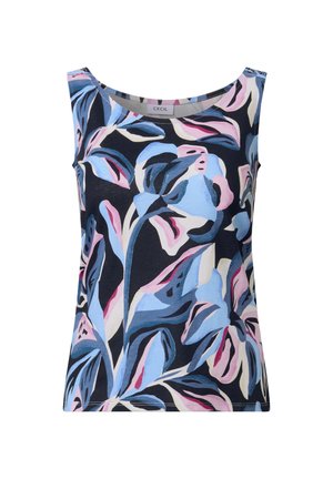 Débardeur fleuri en bleu marine avec de grands motifs bleus, roses et crème. Il présente un col rond et une coupe sans manches. Matière en coton doux.