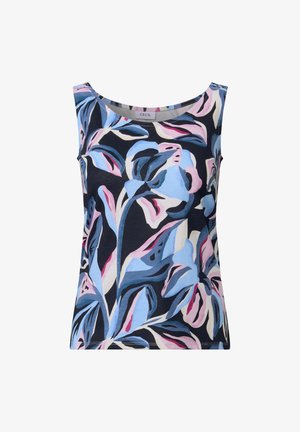 Débardeur fleuri en bleu marine avec de grands motifs bleus, roses et crème. Il présente un col rond et une coupe sans manches. Matière en coton doux.