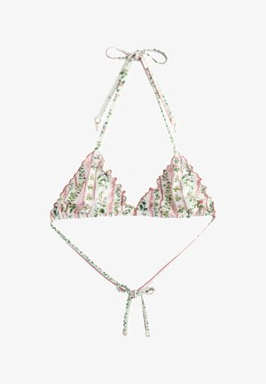 Kolmionmallinen bikiniyläosa, jossa on kukallinen ja raidallinen kuvio, aaltoilevat reunat sekä solmittavat hihnat niskassa ja selässä, väreinä vaaleanpunainen, valkoinen ja vihreä.