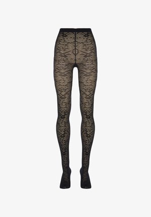 Zwarte doorzichtige panty met een symmetrisch abstract ontwerp, van taille tot tenen op een witte achtergrond.