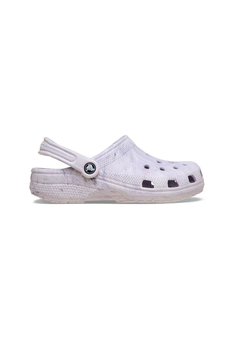 Helllila Clogs mit marmoriertem Design, Belüftungslöchern und Rückenschnalle. Hergestellt aus strukturiertem, flexiblem Material mit einer strapazierfähigen Sohle.