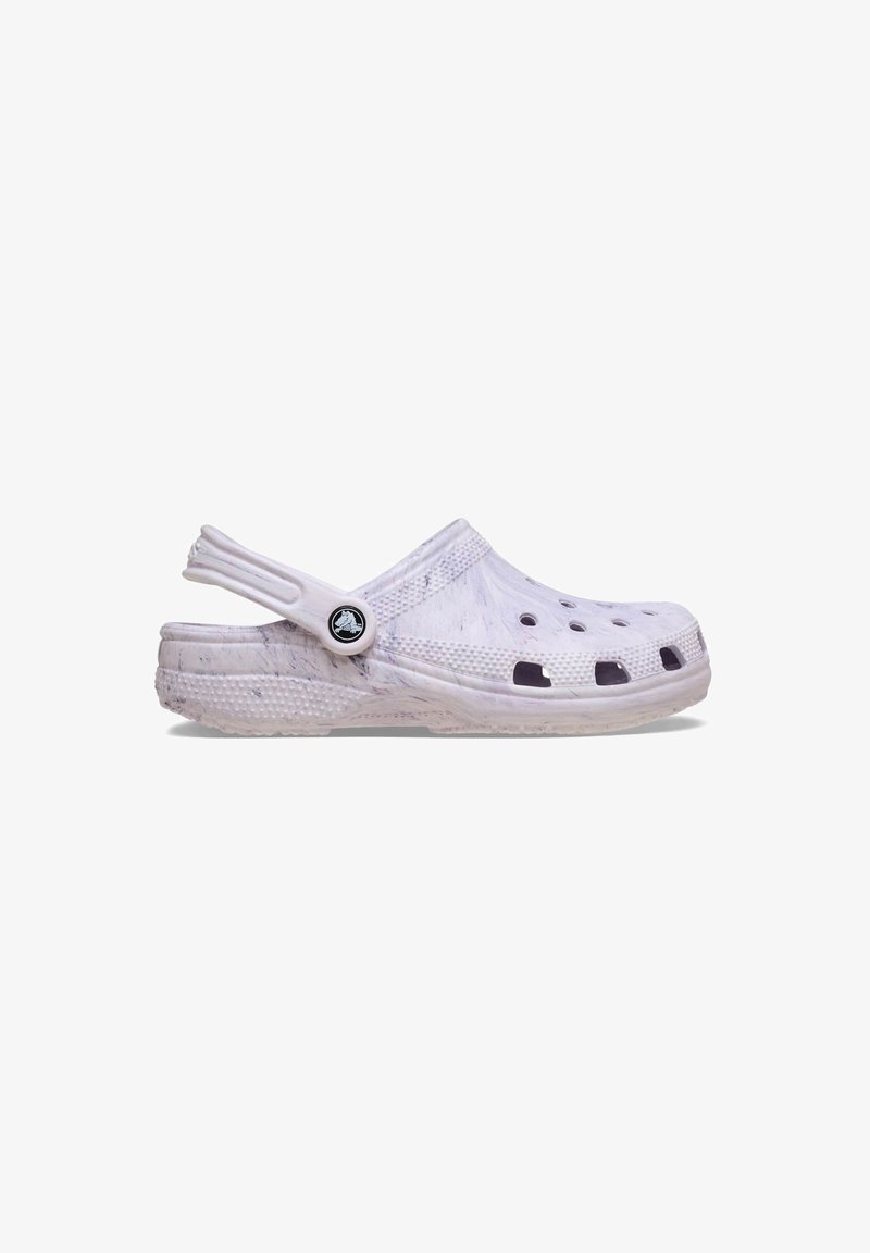 Light purple clogs with a marbled design, ventilation holes, and back strap. Made of textured, flexible material with a durable sole.