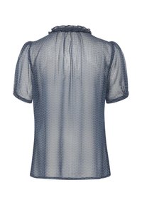 Blå mönstrad blus med korta puffärmar, volangkrage och genomskinlig textur. Har ett geometriskt mönster genom hela plagget.