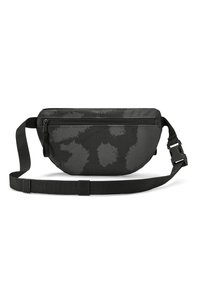 Čierna látková bedrová taška s matným povrchom, s jemným abstraktným vzorom, predným zipsovým vreckom a nastaviteľným popruhom.