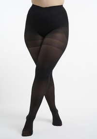Collants noirs taille haute en tissu transparent avec une finition mate, texture lisse et taille renforcée ; conçus pour le confort et la couvrance.