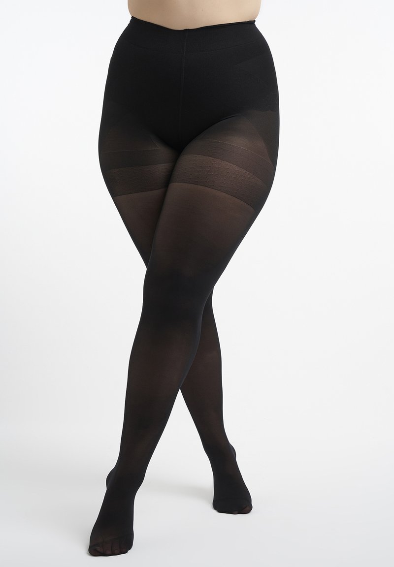 Collants noirs taille haute en tissu transparent avec une finition mate, texture lisse et taille renforcée ; conçus pour le confort et la couvrance.