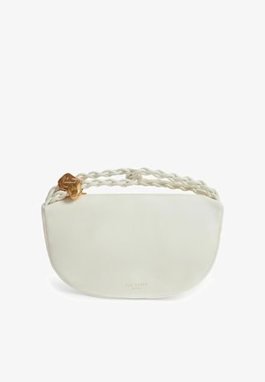 Weiße Halbmond-Handtasche mit gedrehtem Seilgriff und metallischem Goldakzent, mit kleinem goldfarbenem "Ted Baker London"-Schriftzug vorne.