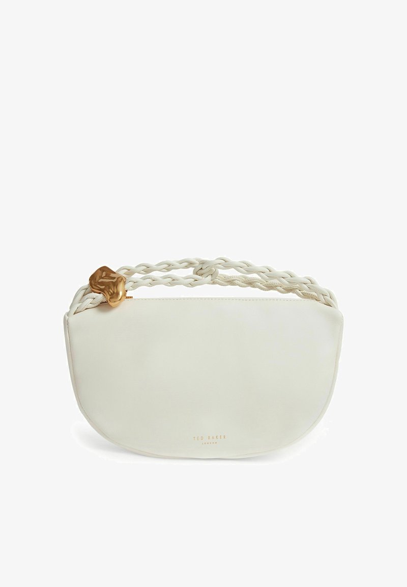 Sac à main blanc en forme de demi-lune avec poignée en corde torsadée et détail métallique doré, avec petit marquage doré "Ted Baker London" sur le devant.