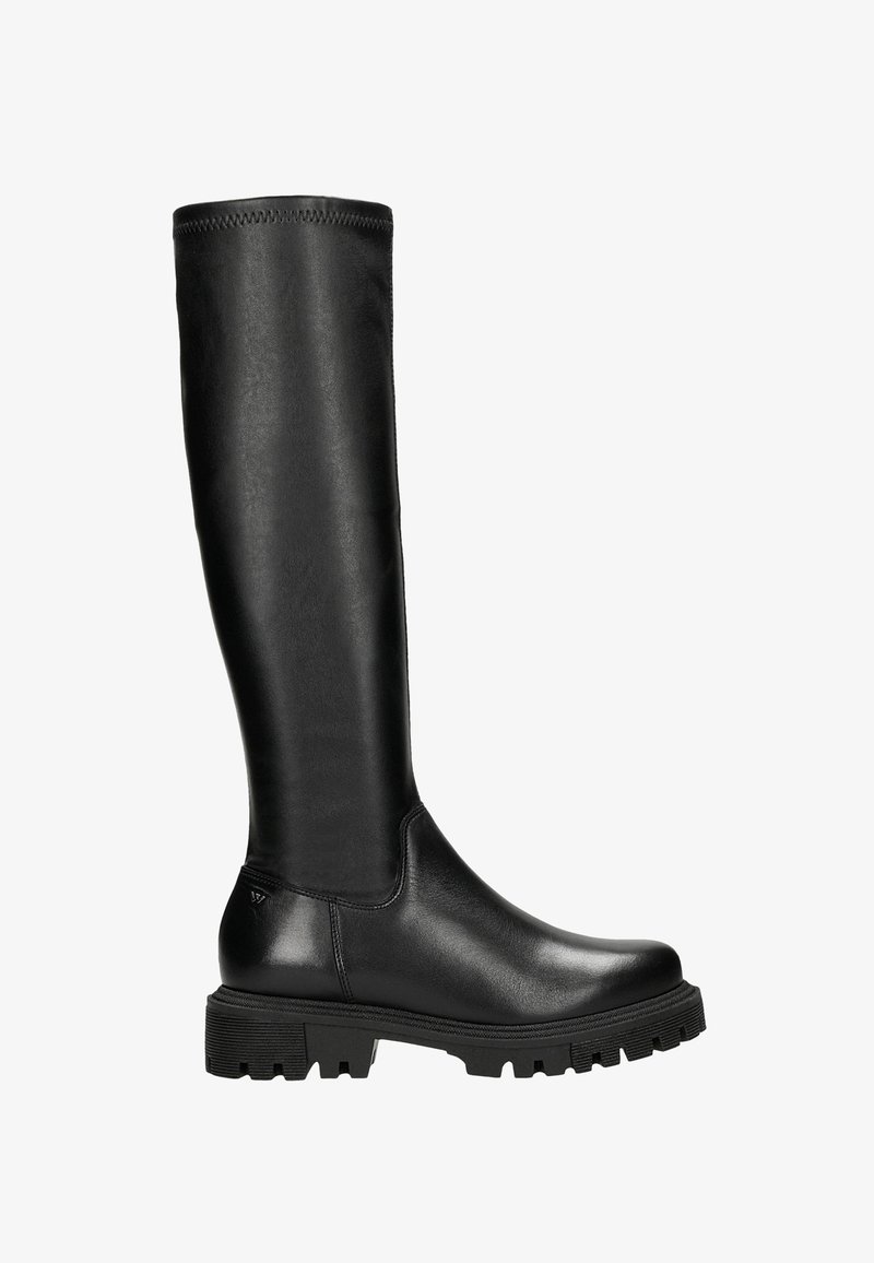 Black knee-high boots made of smooth leather, featuring a thick tread sole and a fitted shaft with a rounded toe and minimal stitching detail.