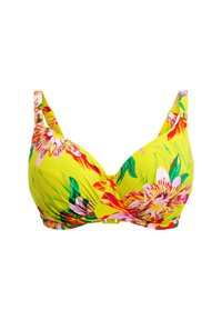 Bloemrijke bikinitop van gele stof, met grote roze en groene bloemen, onderwireondersteuning en verstelbare bandjes met gouden accenten.