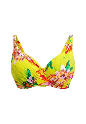 Floral bikini top with yellow fabric, featuring large pink and green flowers, underwire support, and adjustable straps with gold accents.