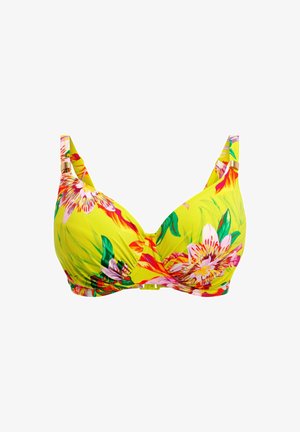 Bloemrijke bikinitop van gele stof, met grote roze en groene bloemen, onderwireondersteuning en verstelbare bandjes met gouden accenten.