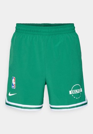 Green basketball shorts made of lightweight fabric. Features elastic waistband, white stripes at the hem, NBA logo, and "CELTICS" graphic.