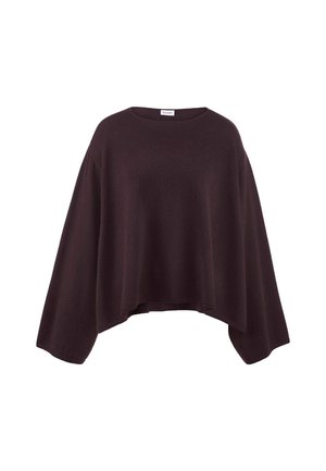 Dunkelbrauner, übergroßer, kurzer Pullover mit weitem, runden Ausschnitt und langen, tief sitzenden Ärmeln. Weiche Textur mit glatter Oberfläche.