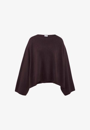 Dunkelbrauner, übergroßer, kurzer Pullover mit weitem, runden Ausschnitt und langen, tief sitzenden Ärmeln. Weiche Textur mit glatter Oberfläche.