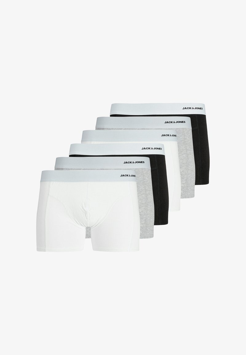 Pack of six boxers in white, grey, and black, featuring a soft elastic waistband with "JACK & JONES" logo. Made of a smooth cotton blend.