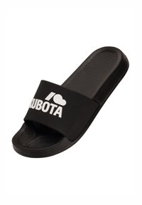 Czarne klapki z szerokim paskiem z napisem "I ❤️ KUBOTA" w białym kolorze. Teksturowana wkładka dla lepszego chwytu. Gładki, elastyczny materiał.