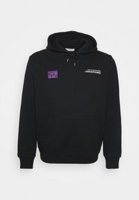 Black hooded sweatshirt with a purple graphic design on the front, featuring a kangaroo pocket and ribbed cuffs. Cotton blend material.