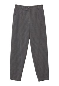 Pantaloni grigi a righe con una vestibilità rilassata, dotati di chiusura a pulsante, tasche laterali e una texture di tessuto liscia.