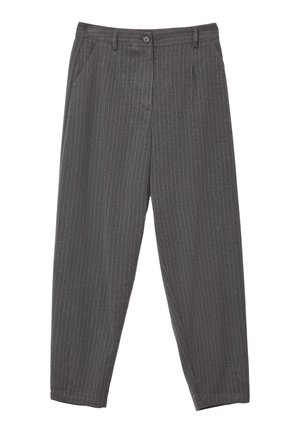 Pantalons gris à rayures fines avec une coupe décontractée, offrant une fermeture à bouton, des poches latérales et une texture de tissu lisse.