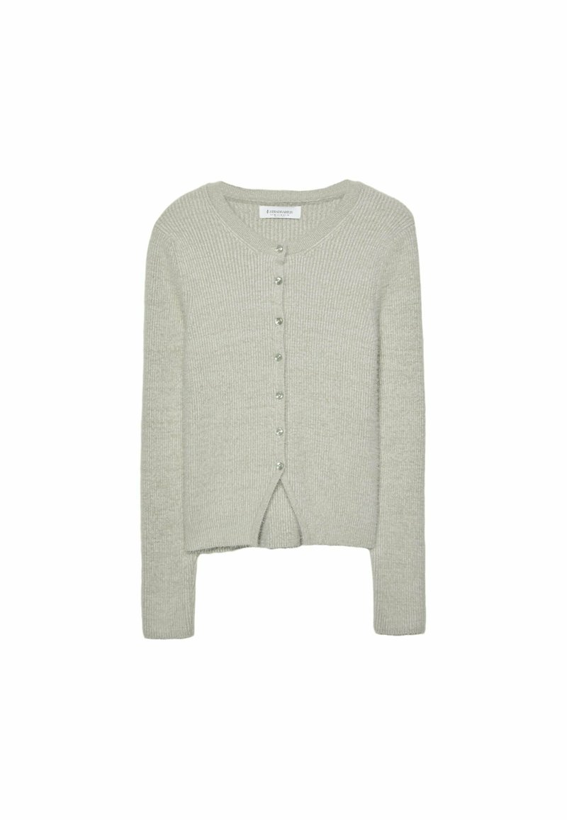 Hellgrauer, gerippter Cardigan mit Rundhalsausschnitt, vorderen Knöpfen und einem gesplitteten Saumdetail an der Unterseite. Weicher Stoff mit langen Ärmeln.