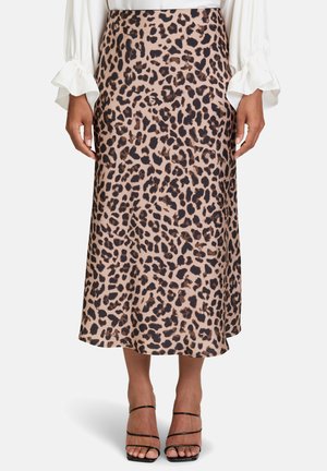 Midi-nederdel med leopardmønster i et let stof, der har nuancer af beige og brun med flared kant, suppleret af sorte strophæle.